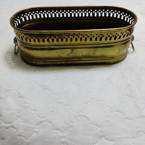 Vintage Brass Oblong Planter/Jariniere With Lions Head Motif W/ Rings For Handle